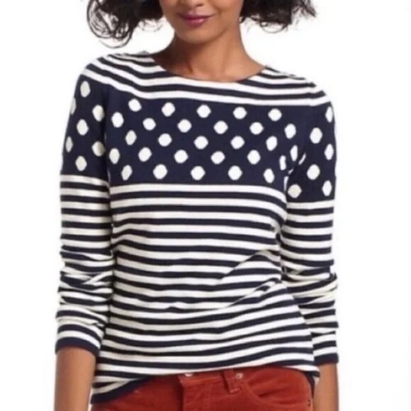 Anthropologie Sparrow Sweater Sz S Stacked Stripe & Polka Dot Navy & White - Picture 1 of 15